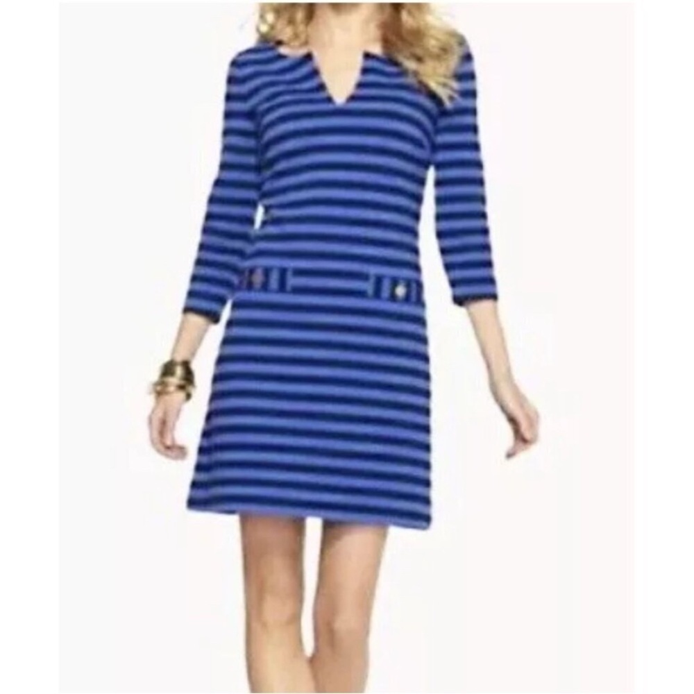 Lilly Pulitzer Blue A-line Dress V-neck 3/4 Sleeve - M